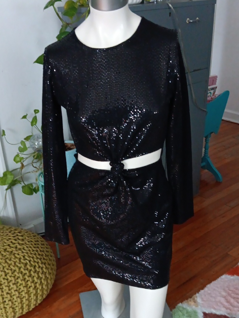 Divided Black Sequin Long-Sleeve Twist Front Dress